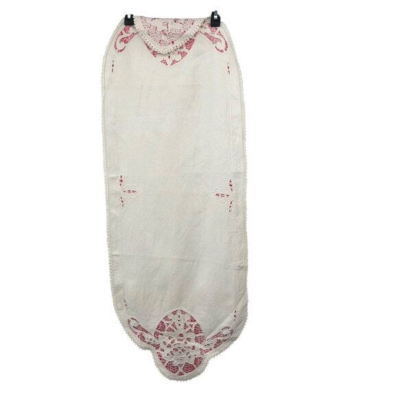 Vintage Linen Table Runner Cream Pink Cutwork Embroidered Floral Lace 45” Used - Picture 16 of 16